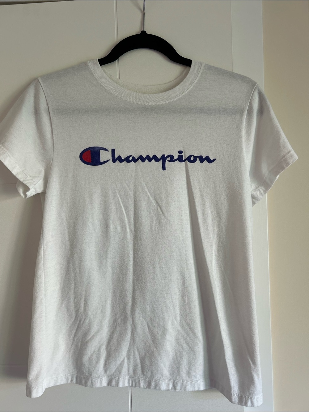 Champion White Tee with Navy Script and Red Logo Accent